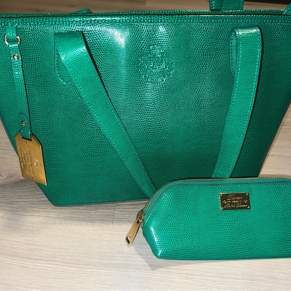 Ralph Lauren Emerald Green Leather Lizard Embossed Tote and Pouch